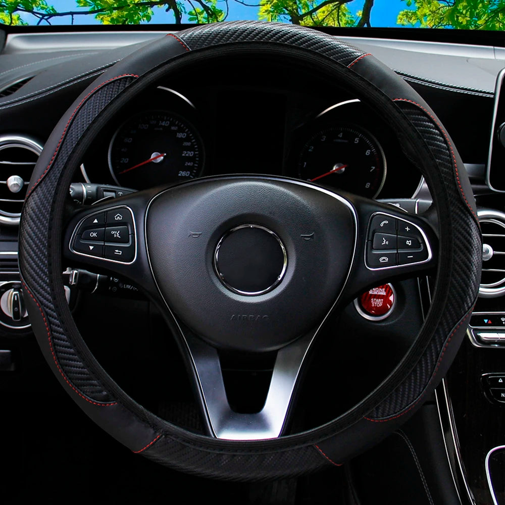 Carbon Fiber Stitched Leather Steering Wheel Cover. Universal Fit Comfortable Minimal Look. Carbon Fibre Trim
