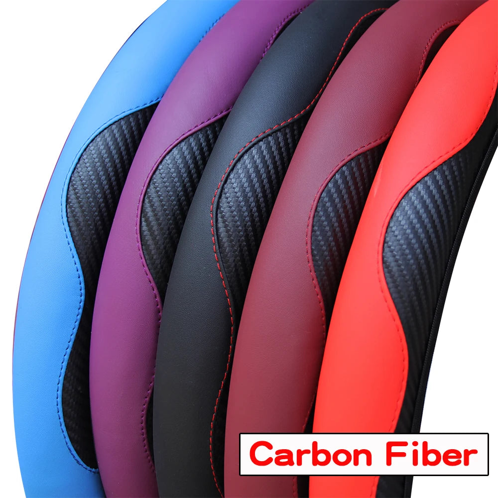 Carbon Fiber Stitched Leather Steering Wheel Cover. Universal Fit Comfortable Minimal Look. Carbon Fibre Trim