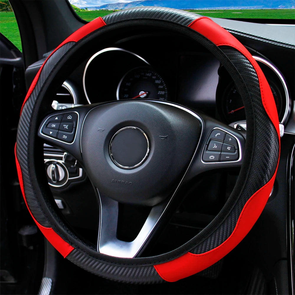 Carbon Fiber Stitched Leather Steering Wheel Cover. Universal Fit Comfortable Minimal Look. Carbon Fibre Trim