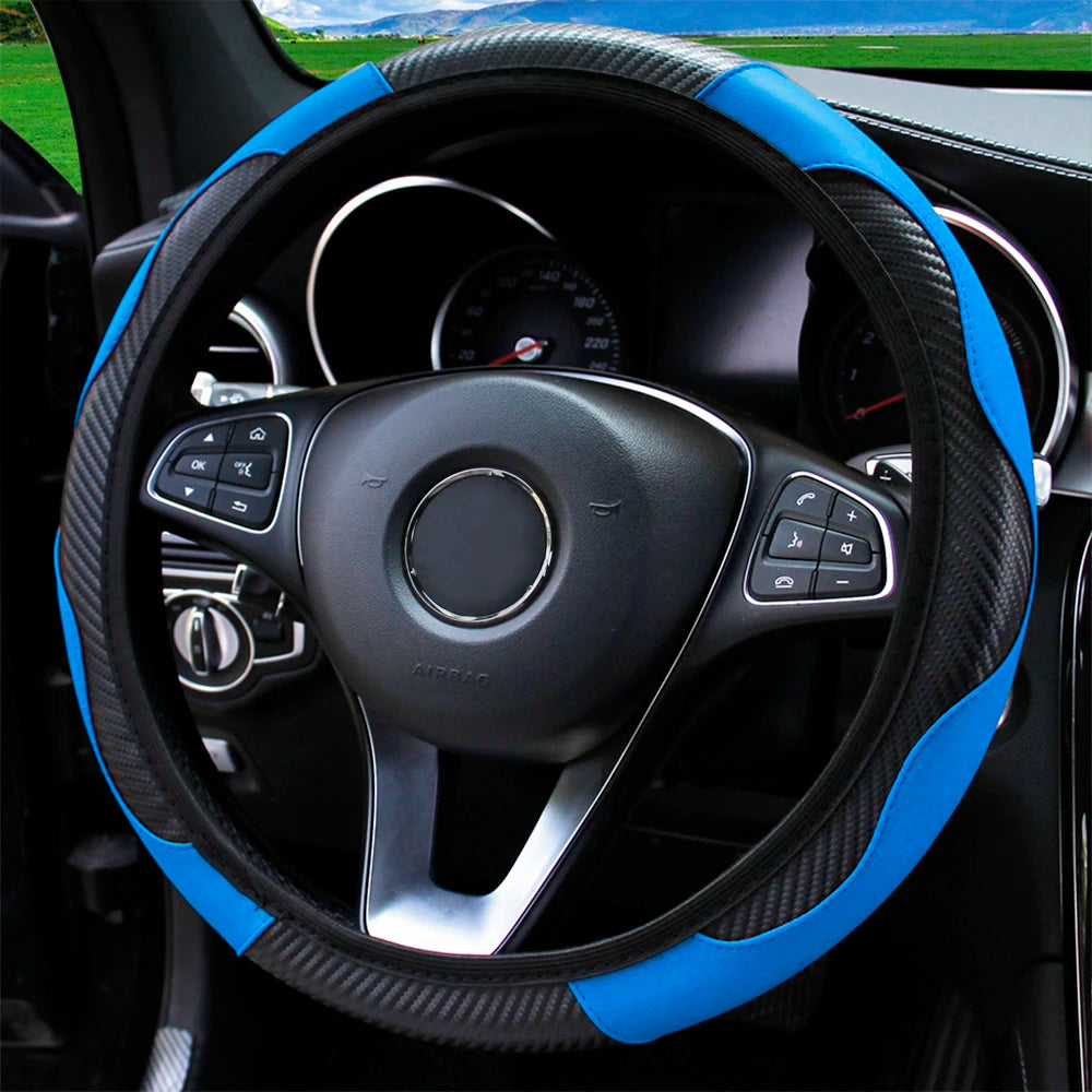 Carbon Fiber Stitched Leather Steering Wheel Cover. Universal Fit Comfortable Minimal Look. Carbon Fibre Trim Bright Blue Black Sky Blue