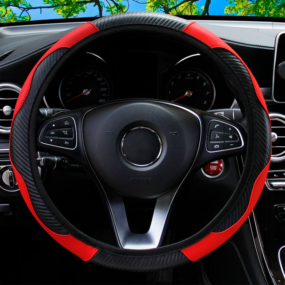 Carbon Fiber Stitched Leather Steering Wheel Cover. Universal Fit Comfortable Minimal Look. Carbon Fibre Trim