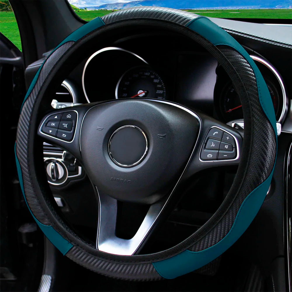 Carbon Fiber Stitched Leather Steering Wheel Cover. Universal Fit Comfortable Minimal Look. Carbon Fibre Trim Dark Green Black