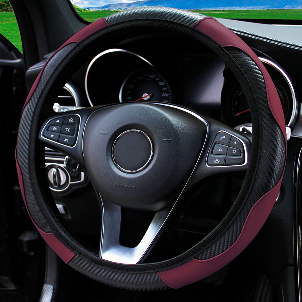 Carbon Fiber Stitched Leather Steering Wheel Cover. Universal Fit Comfortable Minimal Look. Carbon Fibre Trim Dark Red Black Burgundy