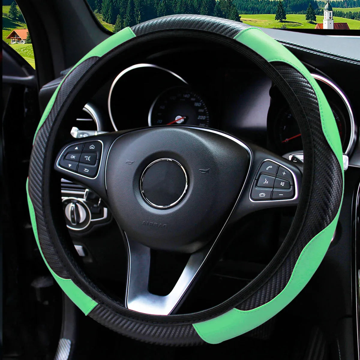 Carbon Fiber Stitched Leather Steering Wheel Cover. Universal Fit Comfortable Minimal Look. Carbon Fibre Trim Green Black
