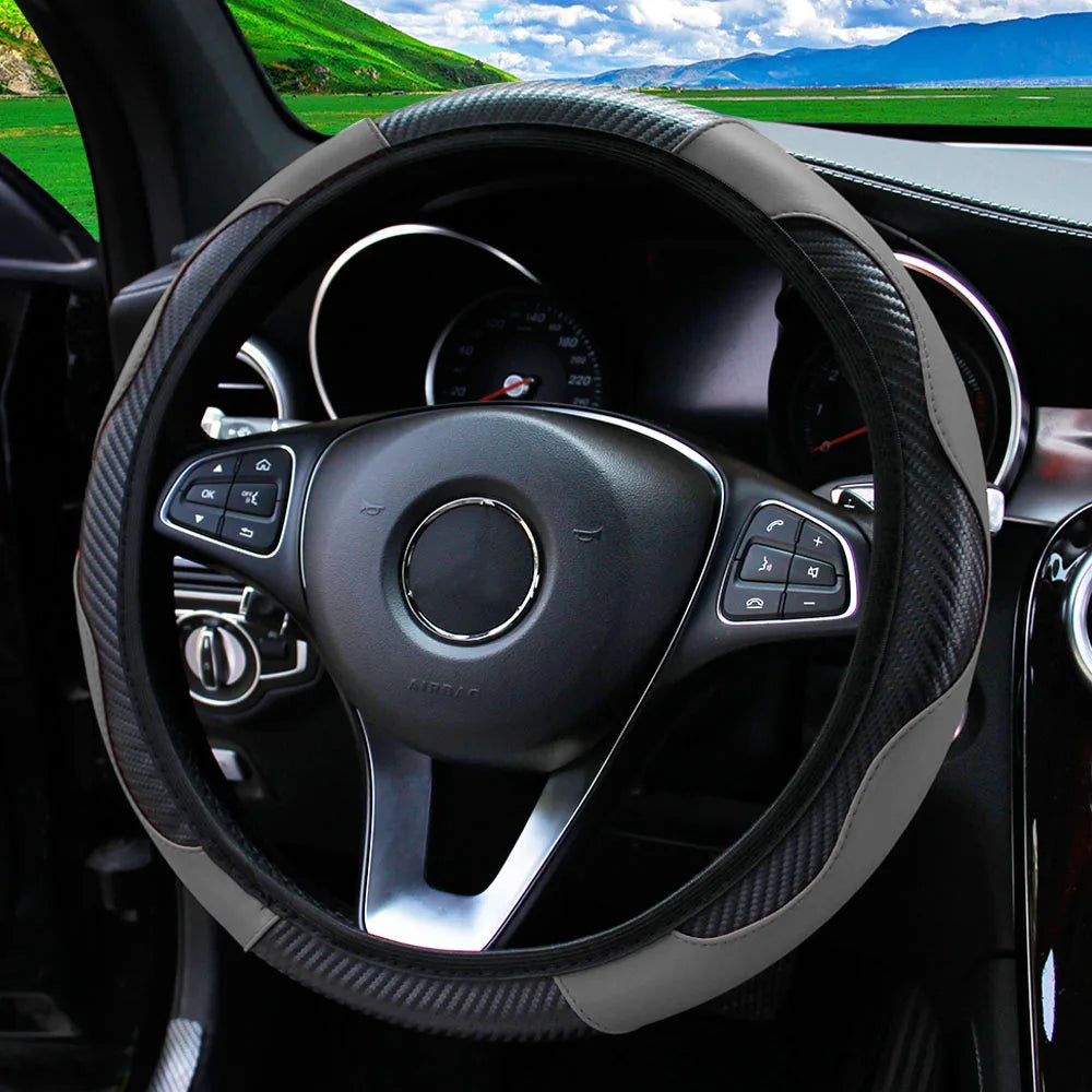 Carbon Fiber Stitched Leather Steering Wheel Cover. Universal Fit Comfortable Minimal Look. Carbon Fibre Trim Grey Black