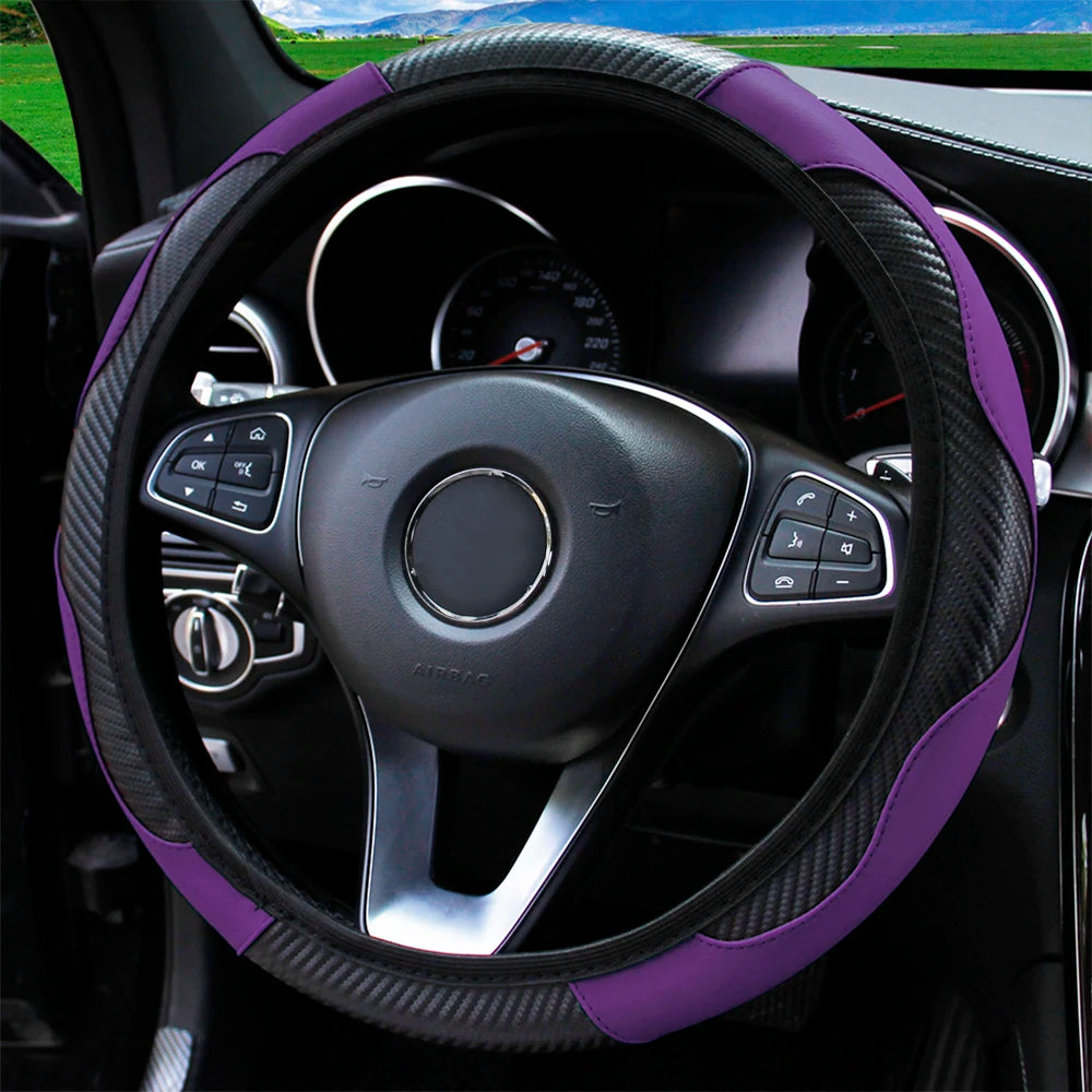 Carbon Fiber Stitched Leather Steering Wheel Cover. Universal Fit Comfortable Minimal Look. Carbon Fibre Trim Purple Black