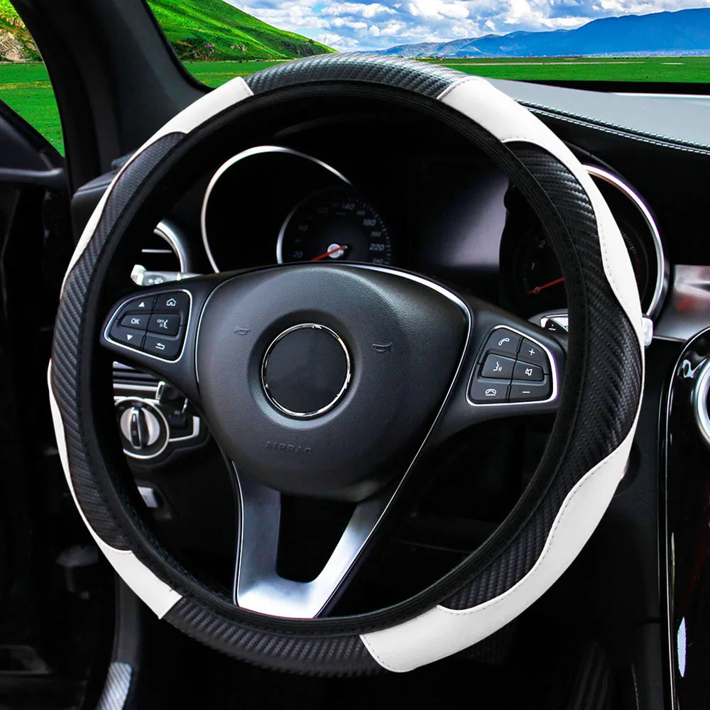 Carbon Fiber Stitched Leather Steering Wheel Cover. Universal Fit Comfortable Minimal Look. Carbon Fibre Trim White Black