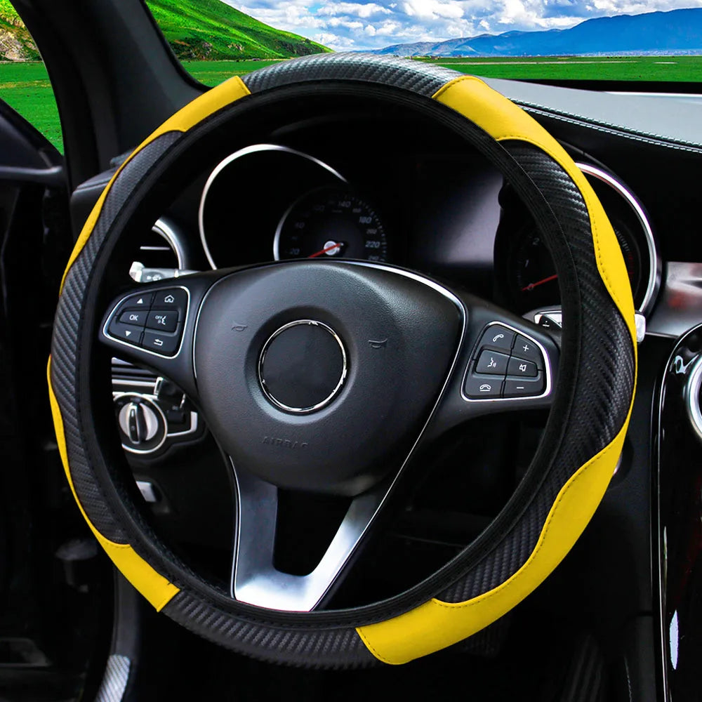Carbon Fiber Stitched Leather Steering Wheel Cover. Universal Fit Comfortable Minimal Look. Carbon Fibre Trim Yellow Black
