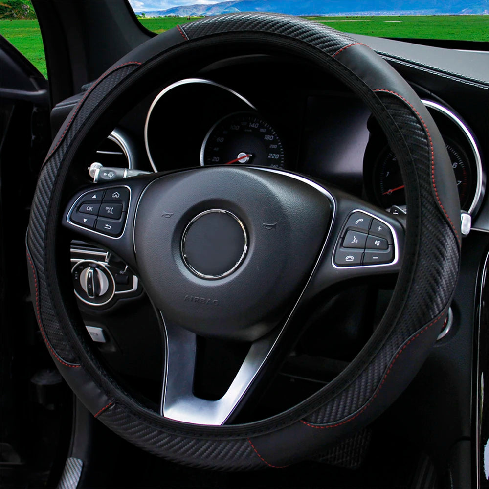 Carbon Fiber Stitched Leather Steering Wheel Cover. Universal Fit Comfortable Minimal Look. Carbon Fibre Trim Red Black