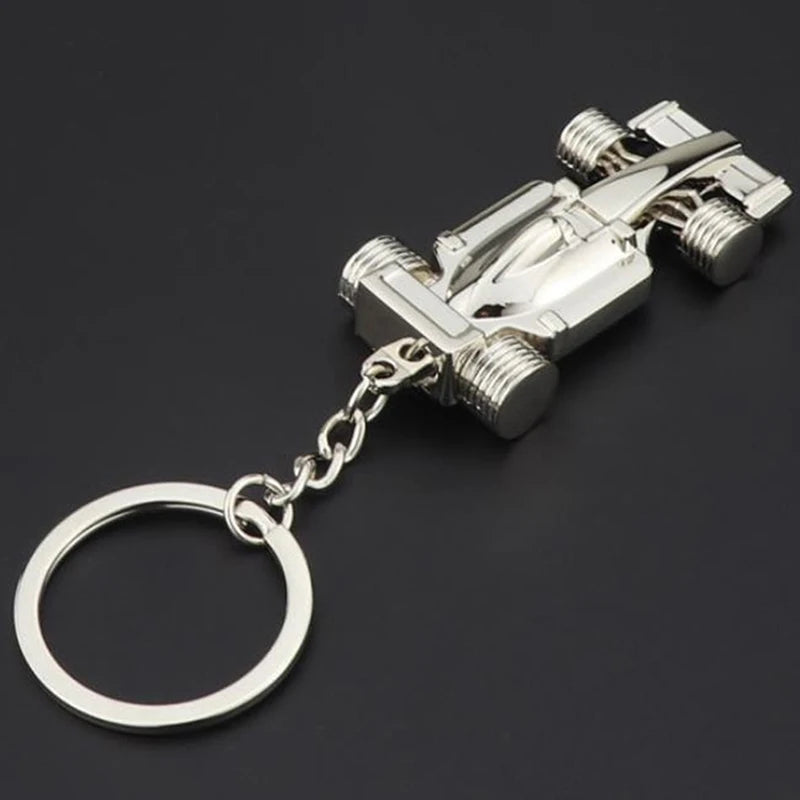 Mini Formula 1 Racing Car Pendant Keychain. F1 Race Keyring Accessory Silver Charm