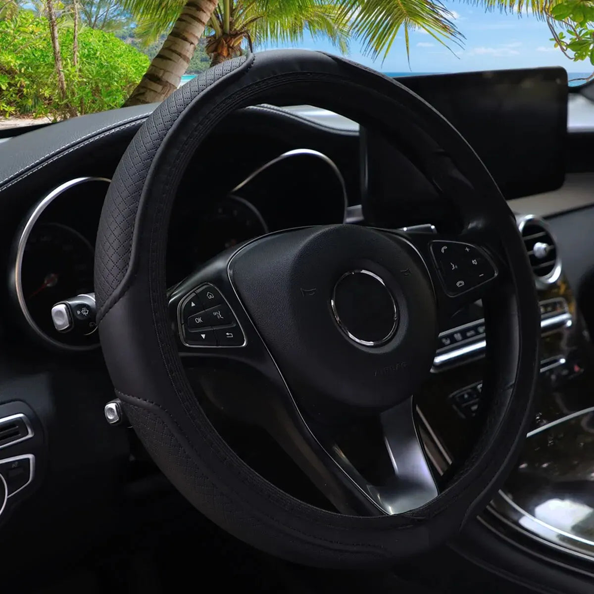 Stitched Leather Steering Wheel Cover. Universal Fit Comfortable Minimal Look