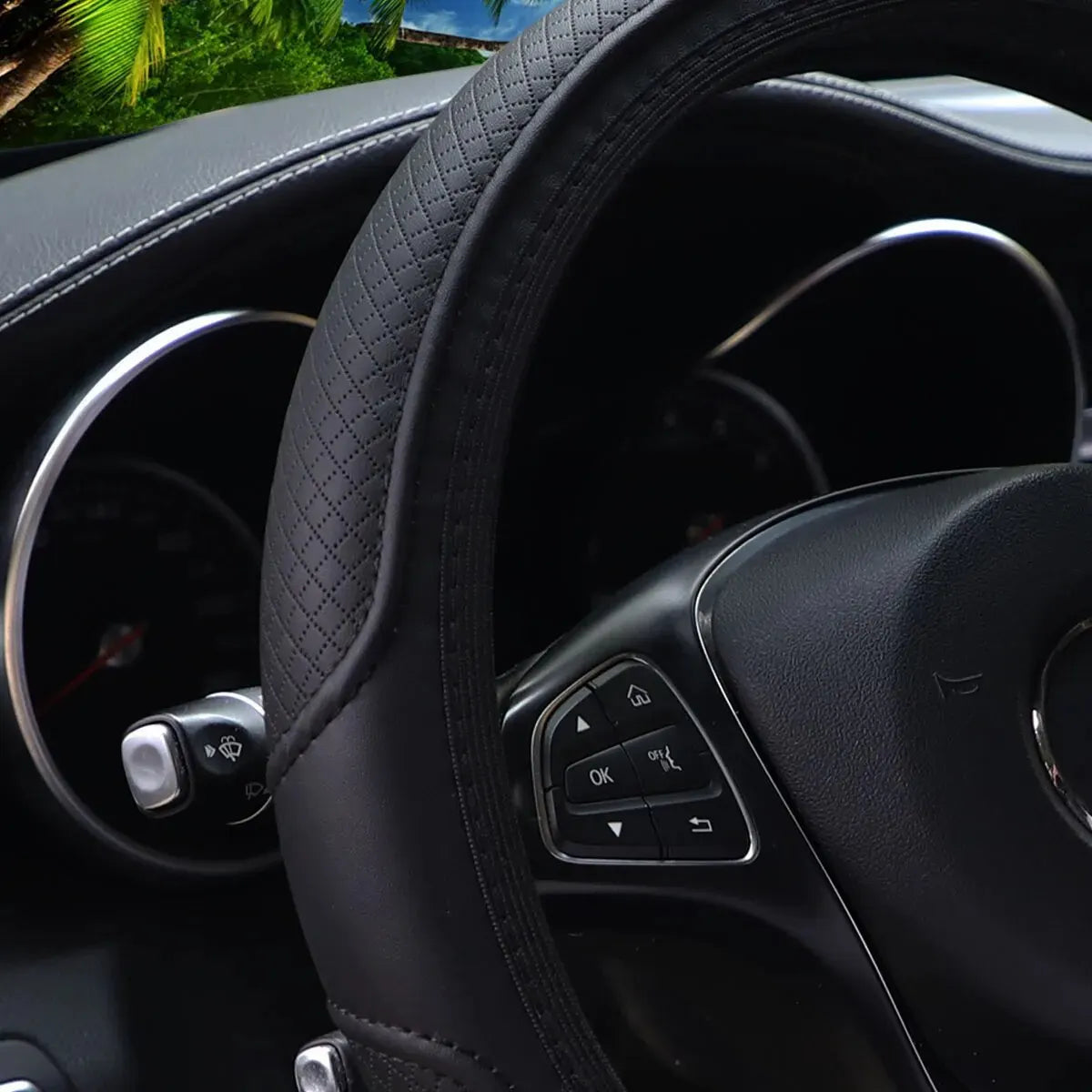 Stitched Leather Steering Wheel Cover. Universal Fit Comfortable Minimal Look Black