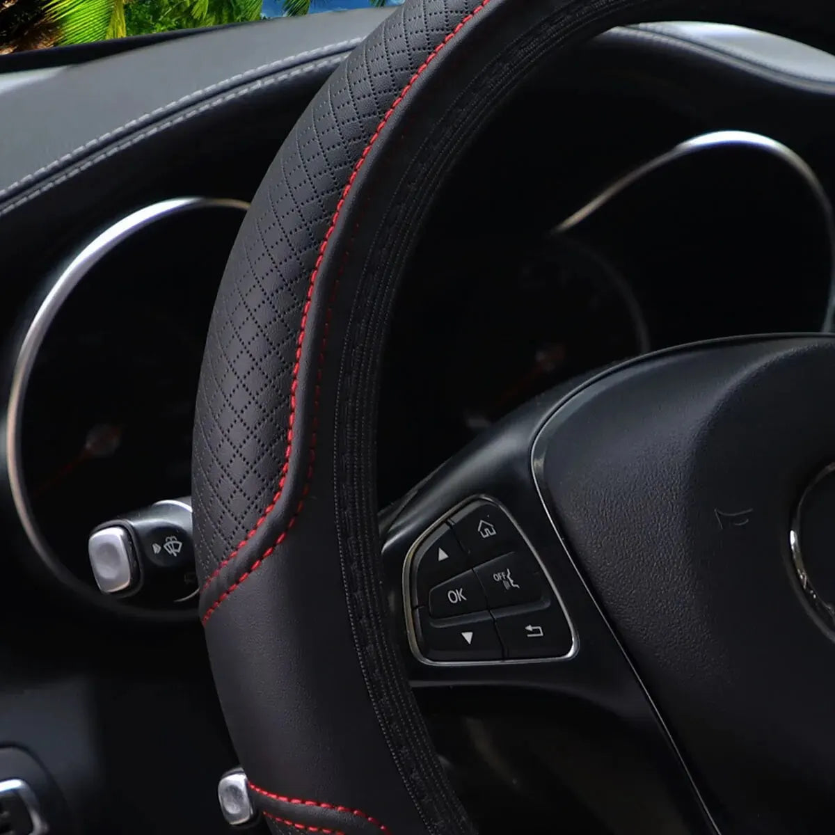 Stitched Leather Steering Wheel Cover. Universal Fit Comfortable Minimal Look Red Black