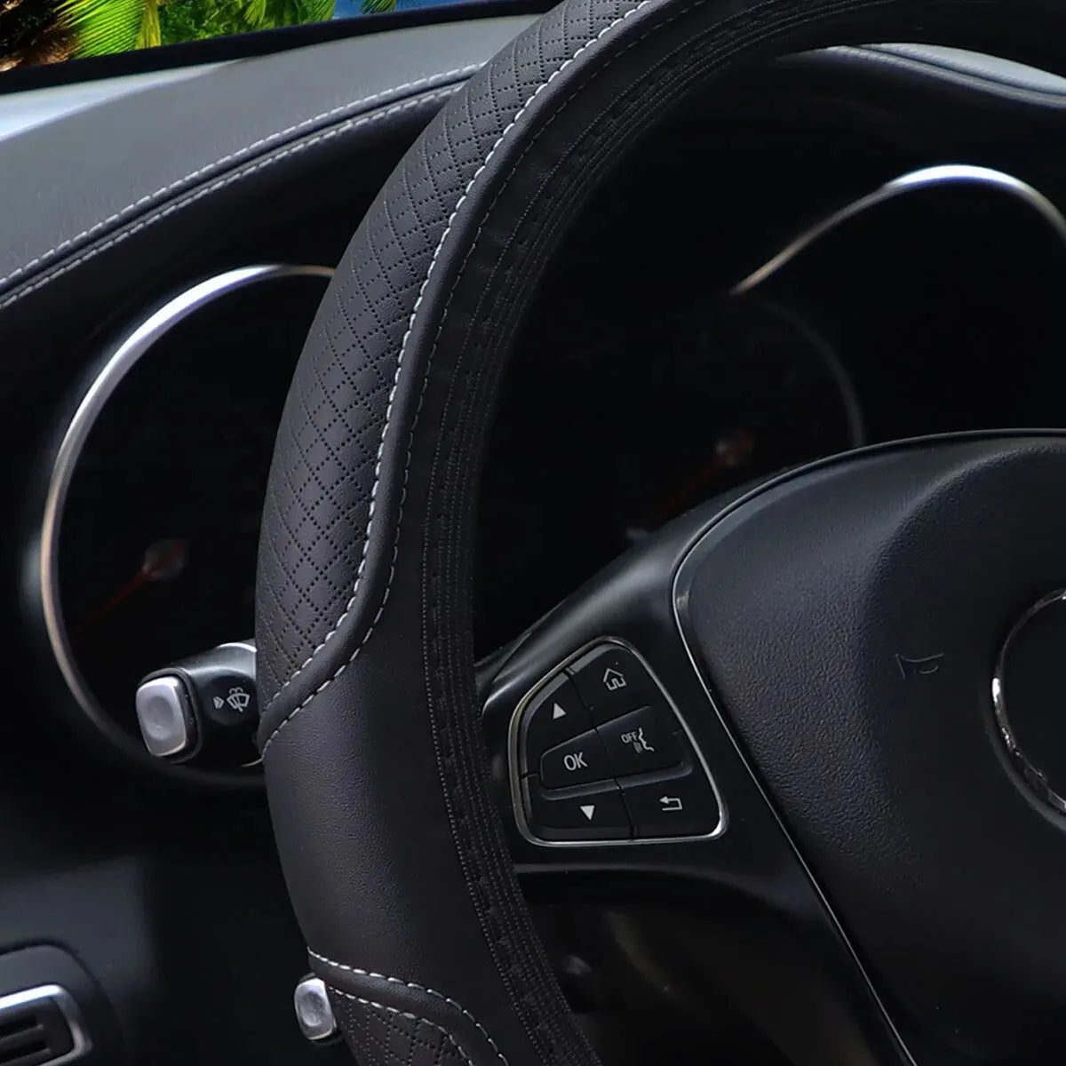 Stitched Leather Steering Wheel Cover. Universal Fit Comfortable Minimal Look White Black