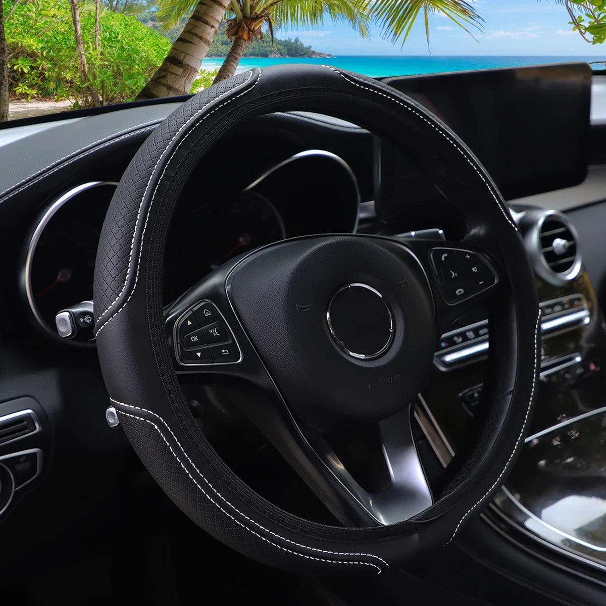 Stitched Leather Steering Wheel Cover. Universal Fit Comfortable Minimal Look White and Black